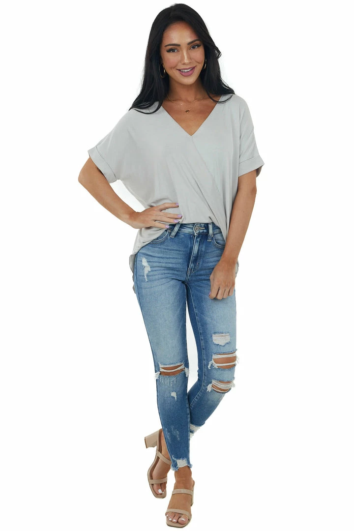 HYFVE Cloud Grey Surplice Bubble Hem Loose Fit Top 5 HYFVE Cloud Grey Surplice Bubble Hem Loose Fit Top