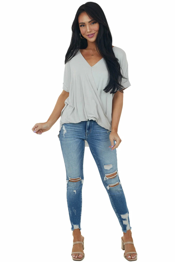 HYFVE Cloud Grey Surplice Bubble Hem Loose Fit Top 4 HYFVE Cloud Grey Surplice Bubble Hem Loose Fit Top