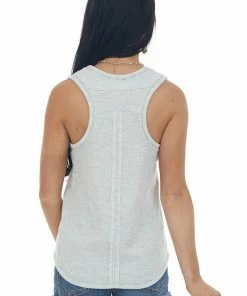 143 Story Tops Cloud Grey Thermal Knit Tank Top With Racerback