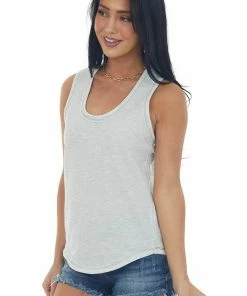 143 Story Tops Cloud Grey Thermal Knit Tank Top With Racerback
