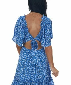 Petal Dew Cobalt Floral Open Back Bell Sleeve Short Dress Dresses