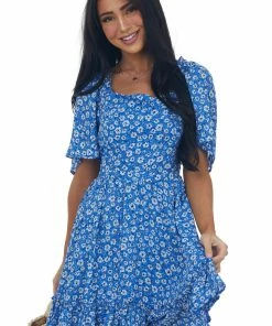 Petal Dew Cobalt Floral Open Back Bell Sleeve Short Dress Dresses