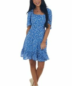Petal Dew Cobalt Floral Open Back Bell Sleeve Short Dress Dresses