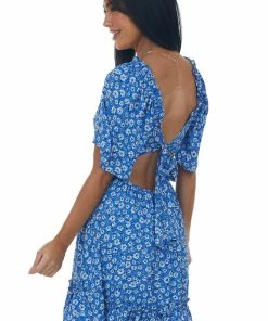 Petal Dew Cobalt Floral Open Back Bell Sleeve Short Dress Dresses