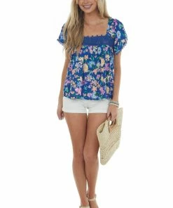 Andree Cobalt Floral Print Lace Short Sleeve Blouse Tops 14 Andree Cobalt Floral Print Lace Short Sleeve Blouse Tops