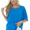 Glam Tops Cobalt Half Cuffed Sleeve Side Slit Blouse