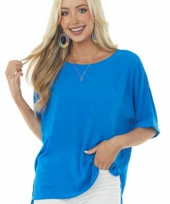 Glam Tops Cobalt Half Cuffed Sleeve Side Slit Blouse