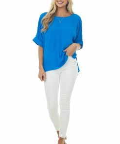 Glam Tops Cobalt Half Cuffed Sleeve Side Slit Blouse