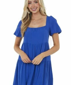 She + Sky Dresses Cobalt Puff Sleeve Square Neck Tiered Dress