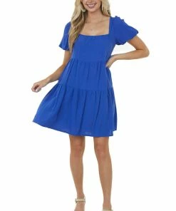 She + Sky Dresses Cobalt Puff Sleeve Square Neck Tiered Dress 10 She + Sky Dresses Cobalt Puff Sleeve Square Neck Tiered Dress