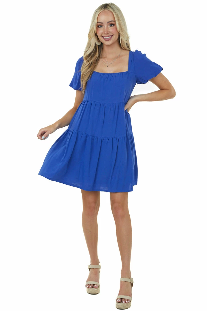 She + Sky Dresses Cobalt Puff Sleeve Square Neck Tiered Dress 5 She + Sky Dresses Cobalt Puff Sleeve Square Neck Tiered Dress