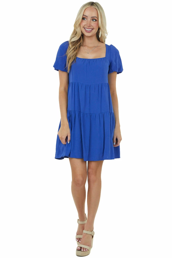She + Sky Dresses Cobalt Puff Sleeve Square Neck Tiered Dress 4 She + Sky Dresses Cobalt Puff Sleeve Square Neck Tiered Dress