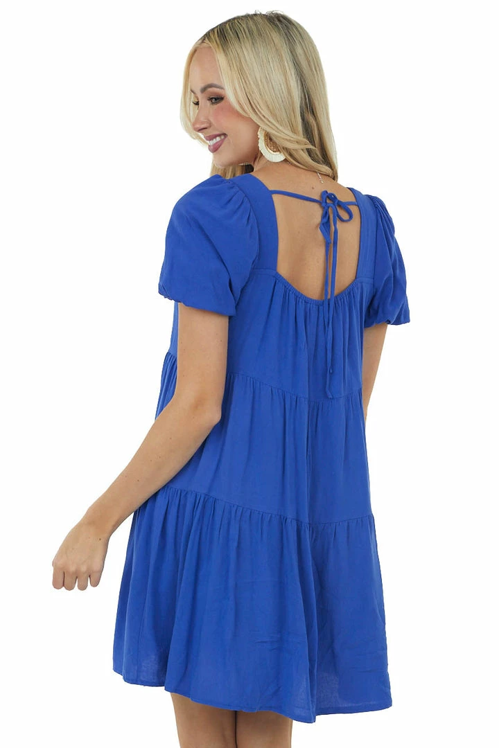She + Sky Dresses Cobalt Puff Sleeve Square Neck Tiered Dress 6 She + Sky Dresses Cobalt Puff Sleeve Square Neck Tiered Dress