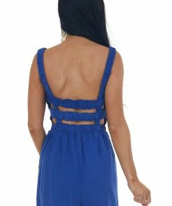 Lush Clothing Cobalt Smocked Sleeveless Romper With Open Back Dresses