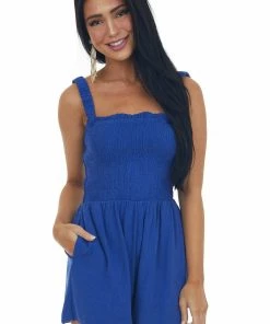 Lush Clothing Cobalt Smocked Sleeveless Romper With Open Back Dresses