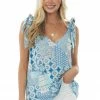 SugarFox Cobalt And Aqua Patchwork Tie Strap V Neck Top