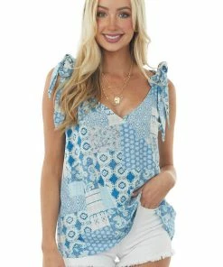 SugarFox Cobalt And Aqua Patchwork Tie Strap V Neck Top