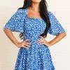 Petal Dew Cobalt Floral Open Back Bell Sleeve Short Dress Dresses