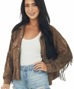 Ces Femme Cocoa Fringed Faux Suede Button Up Jacket Outerwear