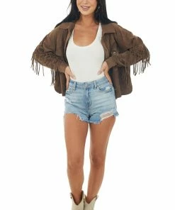Ces Femme Cocoa Fringed Faux Suede Button Up Jacket Outerwear