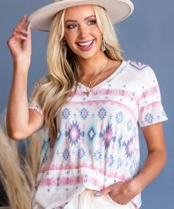 HESED Coconut Aztec Print Short Sleeve Knit Tee