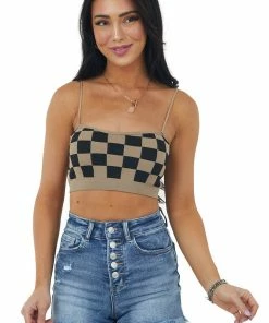 Miss Sparkling Accessories Coffee Checkered Spaghetti Strap Knit Bralette