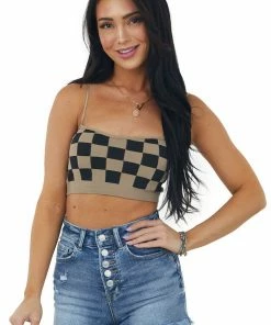 Miss Sparkling Accessories Coffee Checkered Spaghetti Strap Knit Bralette