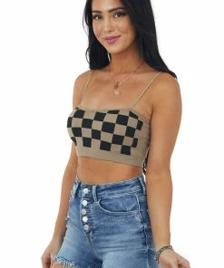 Miss Sparkling Accessories Coffee Checkered Spaghetti Strap Knit Bralette