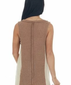 POL Clothing Coffee Colorblock Waffle Knit Button Tank Top