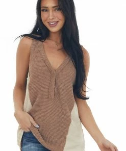 POL Clothing Coffee Colorblock Waffle Knit Button Tank Top