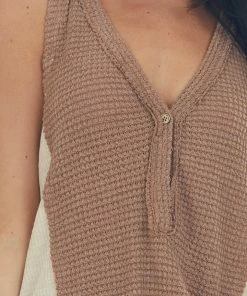 POL Clothing Coffee Colorblock Waffle Knit Button Tank Top