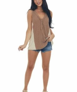 POL Clothing Coffee Colorblock Waffle Knit Button Tank Top