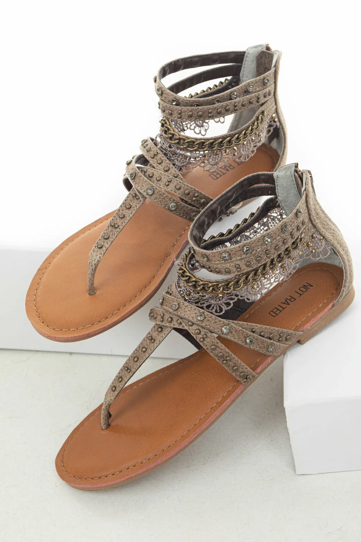 Brand Headquarters Taupe Strappy Sandals With Lace And Rhinestone Details Shoes 6 Brand Headquarters Taupe Strappy Sandals With Lace And Rhinestone Details Shoes