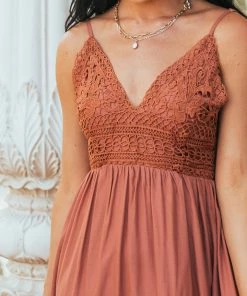 Cozy Co. Cognac Crochet Bodice V Neck Woven Maxi Dress