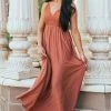 Cozy Co. Cognac Crochet Bodice V Neck Woven Maxi Dress