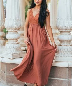 Cozy Co. Cognac Crochet Bodice V Neck Woven Maxi Dress