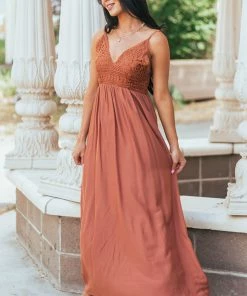 Cozy Co. Cognac Crochet Bodice V Neck Woven Maxi Dress