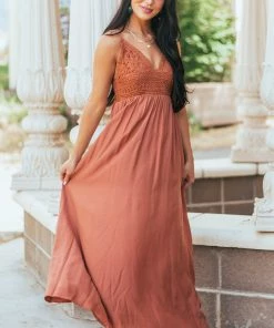 Cozy Co. Cognac Crochet Bodice V Neck Woven Maxi Dress
