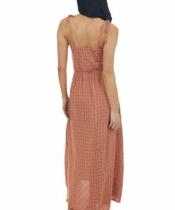 Umgee Cognac Gingham Smocked Tie Strap Midi Dress