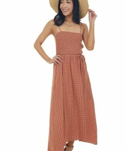 Umgee Cognac Gingham Smocked Tie Strap Midi Dress
