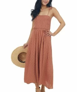 Umgee Cognac Gingham Smocked Tie Strap Midi Dress