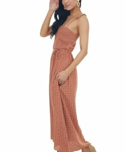 Umgee Cognac Gingham Smocked Tie Strap Midi Dress