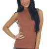 Eesome Cognac High Neckline Ribbed Knit Tank Top