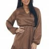 Now N Forever Cognac Textured Leopard Print Satin Dress Dresses