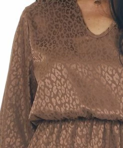 Now N Forever Cognac Textured Leopard Print Satin Dress Dresses
