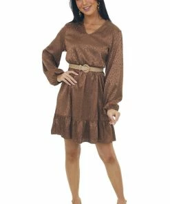 Now N Forever Cognac Textured Leopard Print Satin Dress Dresses