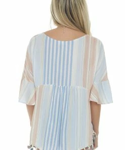 Kori America Cognac And Blue Striped Blouse With Tassel Hem Tops