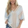 Kori America Cognac And Blue Striped Blouse With Tassel Hem Tops