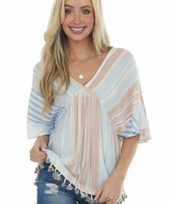 Kori America Cognac And Blue Striped Blouse With Tassel Hem Tops
