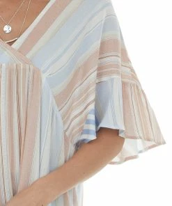 Kori America Cognac And Blue Striped Blouse With Tassel Hem Tops